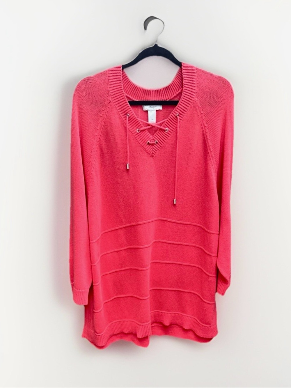 CJ Banks Women 3X Pink Lace Up V-Neck‎ Knit Sweater Long Sleeve Tunic Pullover